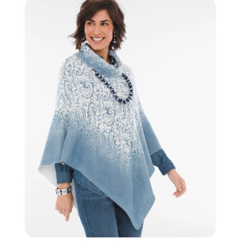 Chico's Denim Paisley Printed Poncho in Hydrangea Blue One Size
